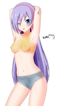 1girl armpits arms_behind_head arms_up blue_eyes blush bodypaint breasts cleft_of_venus commentary cowboy_shot english_commentary hairband long_hair looking_at_viewer lou_roux naked_paint navel nipples one_eye_closed painted_clothes pink_hairband ppshex purple_hair pussy shinkon_gattai_godannar!! small_breasts smile solo tongue tongue_out