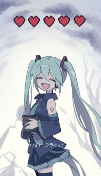 1girl black_shirt blue_necktie closed_eyes collared_shirt detached_sleeves flower_pot hair_between_eyes happy hatsune_miku headphones heart hello_planet_(vocaloid) highres holding holding_flower_pot long_hair necktie nekoma_hikaru number_tattoo pleated_skirt shirt shoulder_tattoo skirt solo tattoo twintails very_long_hair vocaloid