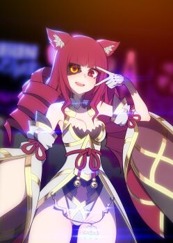 1girl :d absurdres animal_ear_fluff animal_ears artificial_eye bare_shoulders blurry blurry_background breasts brown_eyes cleavage commentary_request commission cosplay depth_of_field detached_sleeves dress drill_hair fang gloves glowing gluteal_fold groin highres leotard long_hair long_sleeves looking_at_viewer medium_breasts neonveov nia_(blade)_(xenoblade) nia_(blade)_(xenoblade)_(cosplay) nia_(xenoblade) open_mouth red_hair skeb_commission smile solo standing stella_hoshii v v_over_eye va-11_hall-a very_long_hair white_dress white_gloves white_leotard white_sleeves wide_sleeves xenoblade_chronicles_(series) xenoblade_chronicles_2