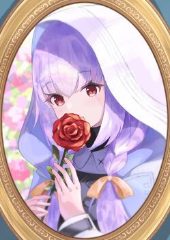 1girl atsuko_(blue_archive) blue_archive blush bow braid commentary covered_mouth eyelashes eyes_visible_through_hair flower hair_between_eyes hair_bow hands_up highres holding holding_flower hood hood_up hooded_jacket jacket kuronagasu_ir long_hair long_sleeves looking_at_viewer low_twin_braids orange_bow portrait_(object) purple_hair red_eyes red_flower red_rose rose solo twin_braids upper_body white_jacket