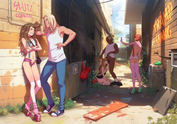 2boys 3girls absurdres alley ass bag bare_shoulders black_dress blue_eyes braces braid breasts brown_hair cellphone choker commentary condom crop_top dark-skinned_male dark_skin dress duffel_bag earrings english_commentary fellatio full_body glasses grabbing_another's_hair hair_ornament hairclip high_heels highres holding_another's_hair hoop_earrings interracial jewelry kneeling leg_warmers long_hair low_twin_braids medium_breasts microskirt midriff miniskirt multiple_boys multiple_girls navel_piercing open_clothes open_fly open_shorts oral orange_hair original phone piercing pink_thighhighs platform_heels prostitution recording short_shorts shorts sideboob skirt sleeveless sleeveless_dress small_breasts smile stiletto_heels stomach suspenders tammy_(tekuho) tank_top tekuho_no_habo thighhighs twin_braids underboob used_condom very_long_hair white_thighhighs