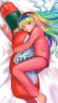 1girl artist_name barefoot bed_sheet body_pillow closed_mouth commentary cone_horns full_body green_hair horns looking_at_viewer lum lying miz_mus multicolored_hair on_side oni orange_eyes pajamas pillow pink_pajamas pointy_ears smile solo tabasco twitter_username urusei_yatsura