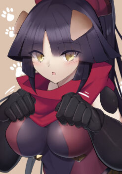 1girl absurdres animal_ears black_hair blush breasts commentary_request dog_ears fate/grand_order fate_(series) highres joints katou_danzou_(fate) long_hair looking_at_viewer mechanical_arms medium_breasts moyashi_(pixiv44153669) open_mouth paw_print ponytail red_scarf robot_girl robot_joints scarf upper_body yellow_eyes