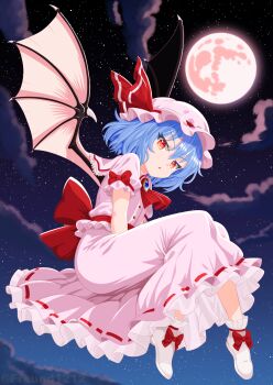1girl absurdres ascot bat_wings blue_hair bow brooch commentary_request freundh31n full_moon hair_between_eyes hat hat_ribbon highres jewelry looking_at_viewer mob_cap moon open_mouth pink_hat pink_shirt pink_skirt puffy_short_sleeves puffy_sleeves red_ascot red_bow red_eyes red_ribbon remilia_scarlet revision ribbon shirt short_hair short_sleeves skirt skirt_set sky sleeve_bow solo star_(sky) starry_sky touhou wings