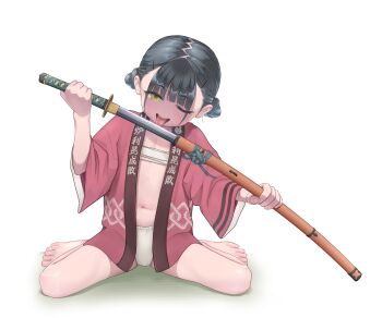 1girl barefoot black_hair chest_sarashi double_bun drawing_sword flat_chest fundoshi hair_bun happi highres holding holding_sword holding_weapon japanese_clothes katana licking loli narabini one_eye_closed original sarashi scabbard sheath sitting solo sword tongue wariza weapon white_background yellow_eyes
