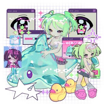 1girl 9_ron23 :o bare_arms belt bikini black_hair black_skirt bow bowtie breasts chromatic_aberration cleavage closed_mouth computer crocs dot_mouth dual_persona food gelatin glasses green_hair grid_background inflatable_dolphin inflatable_toy leg_warmers long_hair miniskirt multicolored_bikini multiple_views nail_polish open_mouth original pink_belt pink_bikini pink_eyes pink_nails pink_shoes red_bow red_bowtie rubber_duck school_uniform shoes skirt small_breasts star_(symbol) striped_bikini striped_clothes swimsuit translation_request two-tone_bikini two_side_up white_bikini white_leg_warmers window_(computing)