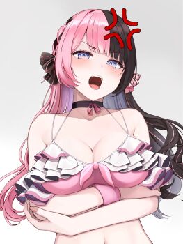 1girl anger_vein angry arms_under_breasts bikini black_bow black_hair blue_eyes bow breasts cleavage commentary_request frilled_bikini frills front-tie_bikini_top front-tie_top hair_bow highres large_breasts long_hair looking_at_viewer multicolored_hair navel open_mouth pink_bikini pink_bow pink_hair qckvolley simple_background solo split-color_hair stomach swimsuit tachibana_hinano tachibana_hinano_(summer_c102) two-tone_hair upper_body v-shaped_eyebrows virtual_youtuber vspo! white_background