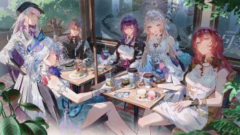 Rule 34 | 1boy, 5girls, aqua dress, blonde hair, breasts, brown hair, coat, commentary, crossed legs, cup, disposable coffee cup, disposable cup, donut, dress, english commentary, felicia chen, food, glasses, highres, himeko (honkai: star rail), holding, holding cup, honkai: star rail, honkai (series), kafka (honkai: star rail), large breasts, long hair, medium breasts, medium hair, multicolored hair, multiple girls, nihilux (honkai: star rail), orange eyes, pearl (honkai: star rail), purple eyes, purple hair, red hair, shirt, sitting, table, two-tone dress, two-tone hair, very long hair, welt yang, white coat, white hair, white shirt, yao guang (honkai: star rail)