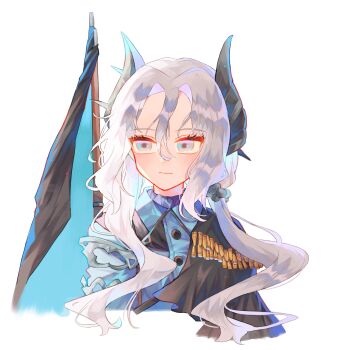 Rule 34 | 1girl, :|, absurdres, ammunition, black cape, blue jacket, cape, closed mouth, cropped torso, grey eyes, grey hair, gun, hair ornament, highres, jacket, long hair, looking to the side, low ponytail, military uniform, ponytail, reverse:1999, rifle, rifle cartridge, sentinel (reverse:1999), solo, tabin, upper body, weapon, weapon on back, white background