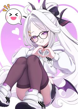 ahoge aoi_ryo black_halo black_thighhighs blue_archive demon_girl demon_horns demon_wings gehenna_academy_logo glasses halo heart heart_hands highres hina_(blue_archive) horns long_hair low_wings purple_eyes shoes sitting sneakers thighhighs thighs very_long_hair white_hair wings