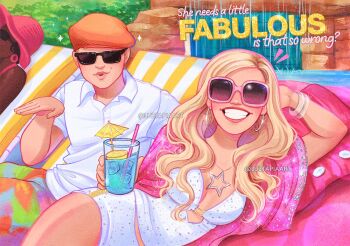 1boy 1girl artist_name blonde_hair brother_and_sister character_name cocktail_umbrella collared_shirt cup drink english_text grin hat high_school_musical holding holding_cup jewelry long_hair luztapiaart multicolored_shorts necklace orange_hat panties ryan_evans sharpay_evans shirt short_sleeves shorts siblings smile star_(symbol) star_necklace sunglasses teeth underwear watermark white_panties white_shirt