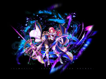 1girl armor armored_boots axe battle_axe black_bodysuit blue_eyes bodysuit boots breastplate breasts covered_navel eden&#039;s_ritter_grenze highres holding holding_axe large_breasts long_hair looking_at_viewer open_mouth pink_hair sakuya_tsuitachi solo weapon