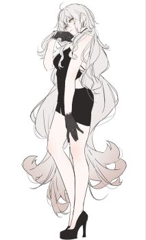 1girl \||/ absurdly_long_hair ahoge alternate_costume back_cutout bare_arms bare_legs black_choker black_dress black_gloves black_shoes breasts choker closed_mouth clothing_cutout commentary_request contrapposto dress earrings fate/grand_order fate_(series) flat_color flipped_hair from_side full_body gloves hair_between_eyes hand_up high_heels highres jeanne_d&#039;arc_alter_(fate) jewelry knees_apart_feet_together lace lace-trimmed_gloves lace_trim legs long_hair medium_breasts messy_hair microdress platform_heels profile ri_o_ne_su shoes simple_background solo standing strapless strapless_dress tube_dress very_long_hair white_background white_hair yellow_eyes
