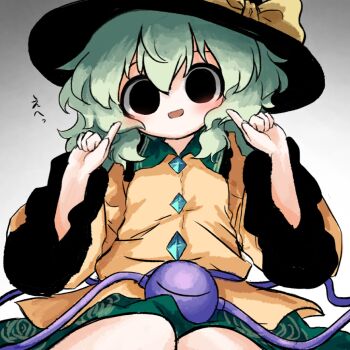 Rule 34 | 1girl, black eyes, black hat, blush, bow, commentary request, dilated pupils, empty eyes, eyeball, floral print, frilled shirt collar, frilled sleeves, frills, gradient background, green hair, green skirt, grey background, hat, hat bow, heripantomorrow, komeiji koishi, long sleeves, looking at viewer, open mouth, print skirt, rose print, shirt, skirt, smile, solo, third eye, touhou, translation request, wide sleeves, yellow bow, yellow shirt