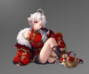 1boy artist_name black_gloves black_shorts black_socks chinese_clothes chinese_commentary closed_mouth colored_tips commentary_request fingerless_gloves fur-trimmed_gloves fur-trimmed_jacket fur_trim gloves grey_background highres jacket jason_xiaojie looking_at_viewer male_focus multicolored_hair one_eye_closed red_eyes red_jacket red_shirt shirt shorts sitting sleeveless sleeveless_shirt smile socks yuanbao zero_(zeroera) zeroera