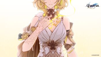 1girl aglaea_(honkai:_star_rail) ancient_greek_clothes blonde_hair breast_tattoo breasts cleavage closed_mouth copyright_name copyright_notice dress flower greco-roman_clothes hair_flower hair_ornament highres honkai:_star_rail honkai_(series) large_breasts official_art string string_of_fate tattoo white_dress white_flower