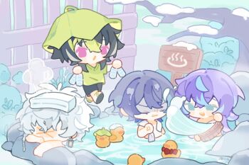 4boys :o anger_vein black_hair black_pants blue_hair bottle bucket bush chibi closed_eyes dytica_(nijisanji) fence full_body green_eyes green_hair green_hat green_shirt hat highres holding_water hoshirube_sho inami_rai koyanagi_rou looking_at_another male_focus multicolored_hair multiple_boys multiple_girls murakumo_kagetsu nijisanji onsen onsen_symbol open_mouth outdoors pants pink_eyes pouring_onto_another puckered_face purple_hair rock rubber_duck same-sex_bathing sandals shaded_face shared_bathing shirt short_hair shuxingbuming_moxiaobai sign smile snow steam streaked_hair t-shirt towel towel_on_head tree water_bottle white_hair wooden_bucket