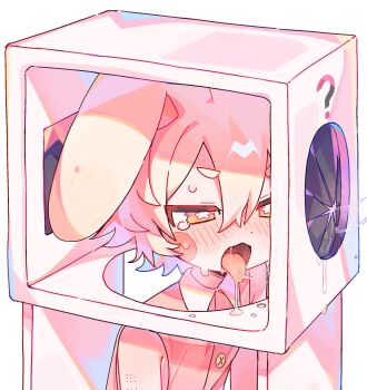 1boy ? after_fellatio animal_ears bad_id bad_twitter_id blush blush_stickers bright_pupils collared_shirt cum cum_in_mouth dot_nose glory_hole hair_between_eyes highres in_container inactive_account male_focus open_mouth orange_eyes original rabbit_boy rabbit_ears shirt short_eyebrows simple_background sleeveless sleeveless_shirt solo tongue tongue_out trap uenomigi wavy_eyes white_background white_hair white_pupils