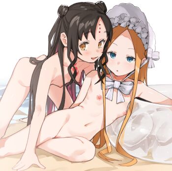 2girls :o abigail_williams_(fate) abigail_williams_(swimsuit_foreigner)_(fate) abigail_williams_(swimsuit_foreigner)_(third_ascension)_(fate) all_fours bare_shoulders beach blonde_hair blue_eyes bonnet breasts brown_hair collarbone fate/grand_order fate_(series) highres innertube loli long_hair looking_at_viewer muchi_maro multiple_girls navel nipples nude open_mouth outdoors parted_bangs pussy sand sessyoin_kiara sessyoin_kiara_(lily) sidelocks small_breasts smile stomach swim_ring uncensored variant_set yellow_eyes
