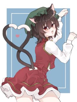 Rule 34 | 1girl, :d, animal ears, ass, blush, brown hair, butt crack, cat ears, cat girl, cat tail, chen, commentary request, from behind, hat, heart, highres, long sleeves, looking at viewer, looking back, medium hair, multiple tails, open mouth, paw pose, red eyes, red skirt, red vest, shirataki oden2, shirt, skirt, smile, solo, tail, thighs, touhou, two tails, vest, white shirt