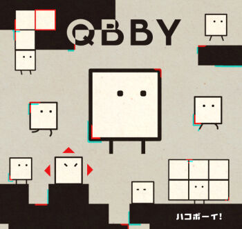Rule 34 | arrow (symbol), boxboy!, character name, closed eyes, cubism, grey background, jumping, no humans, qbby, solid circle eyes, tetori, translation request