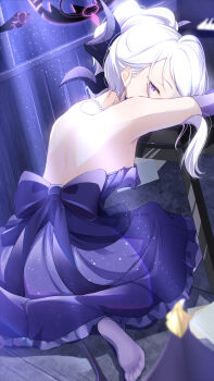 1girl absurdres back blue_archive demon_girl demon_horns demon_wings dress elbow_gloves evening_gown gloves grand_piano highres hina_(blue_archive) hina_(dress)_(blue_archive) horns indoors instrument long_hair looking_at_viewer low_wings no_shoes piano purple_dress purple_eyes purple_gloves shiraae_quartet sitting soles solo white_hair wings
