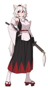 absurdres animal_ears armpits black_gloves breasts detached_sleeves fingerless_gloves formicid full_body geta gloves hat highres holding holding_sword holding_weapon inubashiri_momiji looking_to_the_side red_eyes red_hat simple_background socks sword tail tokin_hat touhou weapon white_background white_hair white_socks wolf_ears wolf_girl wolf_tail