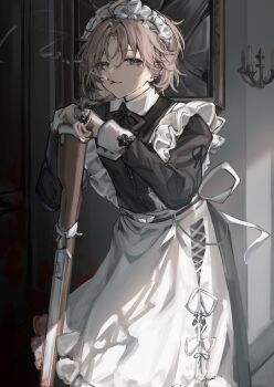 Rule 34 | 1boy, apron, black dress, braid, broken mirror, brown hair, cigarette, closed mouth, crossdressing, crossdressing (mtf), dress, grey eyes, highres, indoors, kanae (19th costume) (nijisanji), kanae (nijisanji), long hair, long sleeves, looking at viewer, maid apron, maid headdress, male focus, mirror, mole, mole under eye, nijisanji, official alternate costume, parted bangs, side braid, smoke, smoking, solo, standing, toripii (tori pippi 07), virtual youtuber