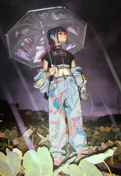 Rule 34 | 1girl, absurdres, black hair, black shirt, blue hair, braid, dark, e503com, full body, harusaruhi, highres, holding, holding mp3 player, holding umbrella, kamitsubaki studio, long hair, long sleeves, looking to the side, midriff, mp3 player, multicolored hair, night, off shoulder, outdoors, pants, plant, rain, red hair, shirt, sky, solo, standing, streaked hair, transparent, transparent umbrella, umbrella, virtual youtuber, yellow eyes