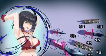 1girl absurdres armpits bandeau bare_shoulders belt black_hair blunt_bangs breasts chaos_zero_nightmare chest_harness choker cleavage collarbone colored_inner_hair commentary english_commentary gameplay_mechanics gloves green_eyes hair_between_eyes harness highres knife large_breasts medium_hair meme midriff mikkotine multicolored_hair navel no_jacket open_mouth purple_hair random_bullshit_go_(meme) red_bandeau red_choker red_gloves sideboob sidelocks solo spaghetti_strap spiked_choker spikes standing sweat teeth textless_version throwing_knife tressa_(chaos_zero_nightmare) two-tone_hair upper_body upper_teeth_only variant_set weapon