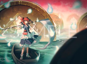 1girl absurdres apron black_sandals blue_skirt blue_vest blurry blurry_foreground boat breasts chinese_commentary closed_mouth coin coin_on_string commentary_request depth_of_field frilled_skirt frills frown hair_bobbles hair_ornament highres hitodama holding holding_behind_back holding_scythe holding_weapon_behind_back maisuiren medium_hair obi onozuka_komachi open_hand pink_sky puffy_short_sleeves puffy_sleeves red_eyes red_hair rowboat sample_watermark sandals sash scythe short_sleeves skirt sky small_breasts socks solo standing tabi touhou twintails vest waist_apron water watercraft watermark white_socks wide_shot zouri