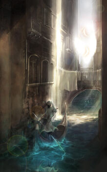 Rule 34 | 00s, 1girl, aria (manga), boat, cityscape, feathers, female focus, hat, high collar, highres, mizunashi akari, scenery, short hair with long locks, solo, taron (tatataron), water, watercraft