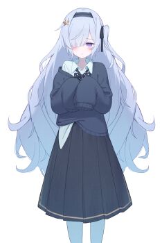 1girl absurdres alternate_costume black_dress black_headband black_sweater commentary_request dress empty_eyes headband highres long_hair looking_at_viewer magical_girl mahou_shoujo_no_majo_saiban natsume_an-an negimasandayo purple_eyes school_uniform shirt side_ponytail simple_background single_off_shoulder sleeves_past_fingers sleeves_past_wrists solo sweater untucked_shirt very_long_hair white_background white_hair white_shirt