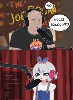 1boy 1girl absurdres bags_under_eyes bald black_shirt blue_hair bow_hairband crossover facial_hair frilled_shirt frills gawr_gura gawr_gura_(casual) hairband hashtag headphones highres hololive hololive_english interview joe_rogan microphone multicolored_hair no_pupils phase_connect pipkin_pippa podcast ponytail print_shirt screenshot_inset sharp_teeth shirt short_hair short_ponytail speech_bubble stubble suspenders teeth the_joe_rogan_experience twitter_screenshot two-tone_hair virtual_youtuber wake_up_deadman white_shirt