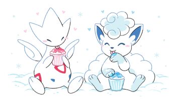 Rule 34 | alolan form, alolan vulpix, blush stickers, closed mouth, commentary, english commentary, food, gen 2 pokemon, gen 7 pokemon, gotchibam, heart, holding, licking, nintendo, pokemon, pokemon (creature), pokemon focus, shaved ice, sitting, snow, sparkle, togetic, tongue, tongue out, white background, wings
