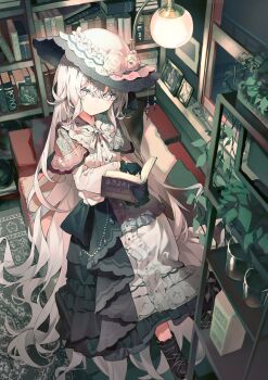 1girl black_gloves black_shoes book couch dress flower frilled_dress frills gloves hat hat_flower highres holding holding_book indoors lamp long_hair looking_at_viewer magical_girl mahou_shoujo_no_majo_saiban maidcode1023 on_couch reading rose shoes sitting smile solo spoilers tsukishiro_yuki very_long_hair white_dress white_eyes white_flower white_hair white_hat white_rose