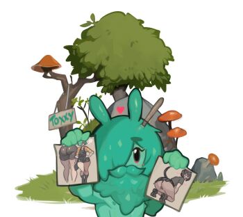 1boy animal_ears artist_name ass beard cat_boy cave character_name colored_skin drawing_(object) facial_hair from_behind green_skin holding holding_drawing huge_ass monster_boy mushroom mustache nipples original paintbrush rabbit_ears rock simple_background slime_boy toki_(toxxy) toxxy tree white_background