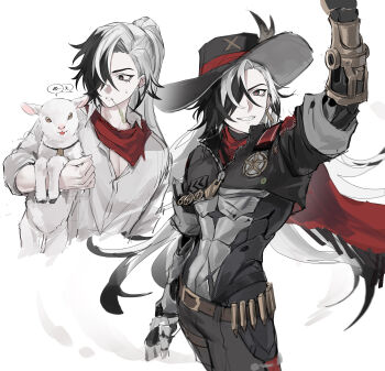 1boy absurdres alternate_hairstyle ammunition_belt animal arm_up baby_animal bandana bandana_around_neck belt belt_buckle black_eyes black_hair black_hat black_jacket black_pants boothill_(honkai:_star_rail) brown_belt buckle cape collared_shirt commentary_request cowboy_hat cowboy_shot cropped_jacket crossed_bangs crosshair_pupils cyborg floating_hair grin hair_over_one_eye hat hat_feather high_ponytail highres holding holding_animal honkai:_star_rail honkai_(series) jacket korean_commentary lamb long_hair looking_at_viewer looking_down male_focus mole mole_under_eye mouth_hold multicolored_hair multiple_views one_eye_covered pants parted_bangs parted_lips ponytail red_bandana red_cape red_pupils saelyeon sharp_teeth sheep sheriff_badge shirt short_sleeves simple_background smile speech_bubble stalk_in_mouth standing streaked_hair sweatdrop teeth white_background white_hair white_shirt zipper zipper_pull_tab