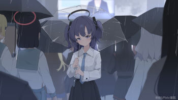 absurdres black_hair black_skirt black_umbrella blonde_hair blue_archive blue_necktie blurry blurry_foreground blush collared_shirt commentary_request crowd crying crying_with_eyes_open halo highres holding holding_umbrella hoshi_kitsune light_smile long_hair looking_at_viewer mechanical_halo multicolored_eyes necktie outdoors pleated_skirt purple_eyes purple_hair rain red_halo school_uniform shirt skirt tears transparent transparent_umbrella twintails two-tone_eyes umbrella white_hair white_shirt yuuka_(blue_archive)