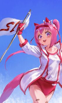 1girl animal_ears bandaid bandaid_on_leg blush bow buruma ear_bow ear_covers fingerless_gloves flag flower-shaped_pupils flower_in_eye gloves haru_urara_(bestest_prize)_(umamusume) haru_urara_(umamusume) headband highres holding holding_flag horse_ears horse_girl horse_tail inishie_kumo jacket long_hair open_mouth pink_buruma pink_eyes pink_hair pink_headband ponytail red_buruma red_gloves red_headband shirt smile solo symbol-shaped_pupils symbol_in_eye tail umamusume white_jacket white_shirt