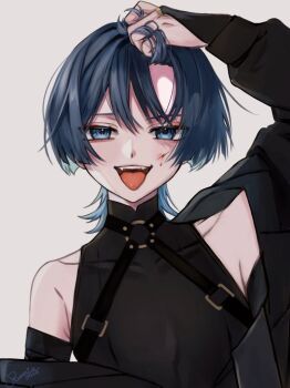 1boy alternate_costume arm_up artist_name black_bodysuit black_hair black_jacket black_sleeves bleeding blood blood_on_cheek blue_eyes blue_hair blunt_ends bodysuit chest_harness colored_inner_hair covered_collarbone eyeliner eyeshadow fangs genshin_impact gold_ring grabbing_own_hair harness holding holding_own_hair hoyofair jacket long_sleeves makeup male_focus mandarin_collar middle_ring multicolored_hair o-ring o-ring_harness off_shoulder open_clothes open_jacket red_eyeliner red_eyeshadow runn0524 scaramouche_(genshin_impact) signature solo straight-on teeth tongue tongue_out tsurime upper_body upper_teeth_only wanderer_(genshin_impact) white_background wispy_bangs