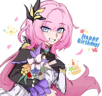 1girl birthday_cake black_gloves black_shrug blue_eyes breasts cake chinese_commentary commentary_request elf elysia_(honkai_impact) flower food gloves hair_ornament happy_birthday highres holding holding_flower honkai_(series) honkai_impact_3rd kuaileshadiaohahahahaha large_breasts looking_at_viewer partially_fingerless_gloves pink_hair pointy_ears shrug_(clothing) simple_background single_glove smile solo white_background
