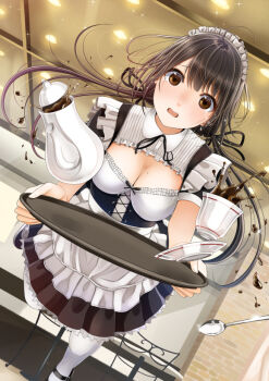 1girl ahoge apron black_dress black_hair breasts brown_eyes ceiling_light cleavage cleavage_cutout clothing_cutout coffee coffee_pot corset cross-laced_clothes cup d: disposable_cup dress drink dutch_angle female_focus hair_ribbon holding holding_tray indoors kentaurosu large_breasts long_hair looking_at_viewer maid maid_headdress mole mole_on_breast open_mouth original pantyhose ribbon saucer short_sleeves solo sparkle spill spilling spoon tea teacup top_of_moe_2015 tray twintails waist_apron waitress white_pantyhose