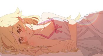 1girl absurdres aterdyne bakemonogatari bare_shoulders blonde_hair blush dress hair_between_eyes highres lens_flare long_hair looking_at_viewer lying monogatari_(series) on_side open_mouth oshino_shinobu pointy_ears ribbon simple_background solo white_background white_dress yellow_eyes