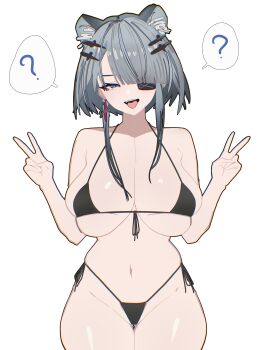 Rule 34 | 1girl, absurdres, alternate breast size (larger), animal ears, arknights, arknights: endfield, bikini, black bikini, blue eyes, breasts, cleavage, commentary request, double v, drooling, eyepatch, front-tie bikini top, front-tie top, grey hair, highres, huge breasts, looking at viewer, micro bikini, navel, short hair, side-tie bikini bottom, sidelocks, simple background, solo, swimsuit, tangtang (arknights), tongue, tongue out, v, vxdrq, white background