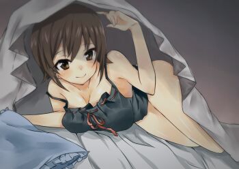 Rule 34 | 10s, 1girl, babydoll, bare shoulders, bed, blanket, blush, breasts, brown eyes, brown hair, cleavage, female focus, girls und panzer, highres, hoshimiya nazuna, indoors, lying, nishizumi maho, on side, pillow, ribbon-trimmed underwear, ribbon trim, short hair, smile, solo, under covers, underwear