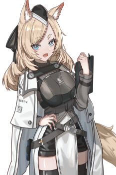 1girl absurdres animal_ear_fluff arknights arm_up black_hat black_ribbon black_shorts black_thighhighs blonde_hair blue_eyes breasts cape chest_guard clipboard commentary_request cowboy_shot fang garrison_cap grey_shirt hair_ribbon hand_on_own_hip haro_(har_illust) hat highres holding holding_clipboard horse_girl horse_tail long_hair long_sleeves looking_at_viewer medium_breasts open_mouth parted_bangs pelvic_curtain pen ribbon shirt short_eyebrows shorts simple_background smile solo standing tail thighhighs whislash_(arknights) white_background white_cape zettai_ryouiki