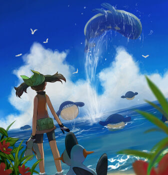 1girl bag bandana bike_shorts bird black_gloves brown_hair cloud cloudy_sky commentary_request fanny_pack flower gen_3_pokemon gloves green_bag green_bandana holding holding_shoes holding_unworn_clothes marshtomp may_(pokemon) medium_hair nintendo ocean orange_shirt outdoors plant pokemon pokemon_(creature) pokemon_emerald pokemon_rse popcorn_91 red_flower shirt shoes sky sleeveless sleeveless_shirt unworn_shoes wading wailmer wailord white_gloves wingull