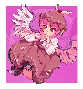 1girl animal_ears artist_name bird_ears bird_wings black_shoes bloomers border brown_dress brown_socks collared_shirt color_wheel_challenge dress floating frilled_dress frills full_body hand_on_own_chin highres long_sleeves looking_to_the_side mary_janes multiple_drawing_challenge mystia_lorelei outstretched_arm pink_eyes purple_background purple_eyes purple_theme shirt shoes short_hair socks soemy solo touhou underwear white_border white_shirt winged_hat winged_shoes wings