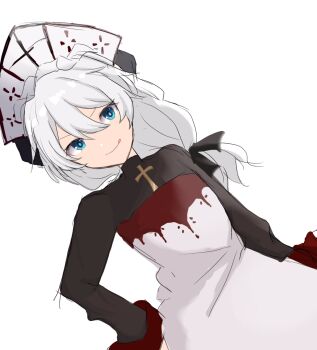 Rule 34 | 1girl, benghuai xueyuan, black dress, blue eyes, closed mouth, commentary request, dress, highres, honkai (series), kaede (machitoma hi), licking lips, looking at viewer, nun, simple background, smile, solo, theresa apocalypse, tongue, tongue out, white background, white hair